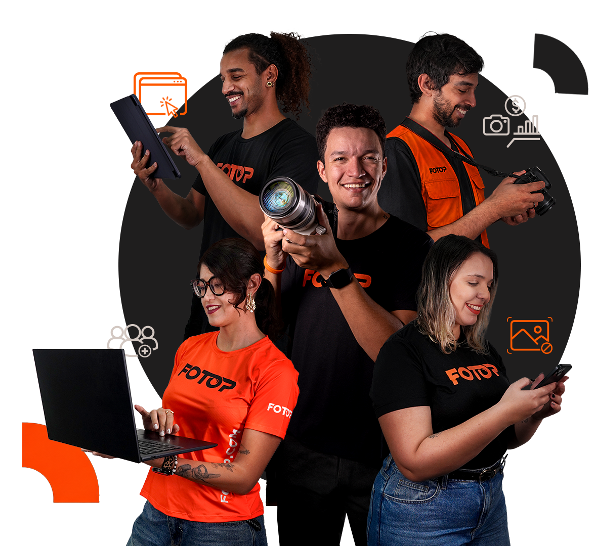 Equipe Fotop trabalhando com fotografia, tablet, câmera, computador e celular